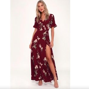 September Sunsets Burgundy Floral Print Wrap Maxi Dress